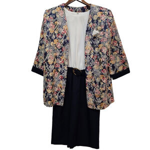 Vtg Womens Dress Suit 16W Navy Floral Grandma Romantic Cottage Party Occasion
